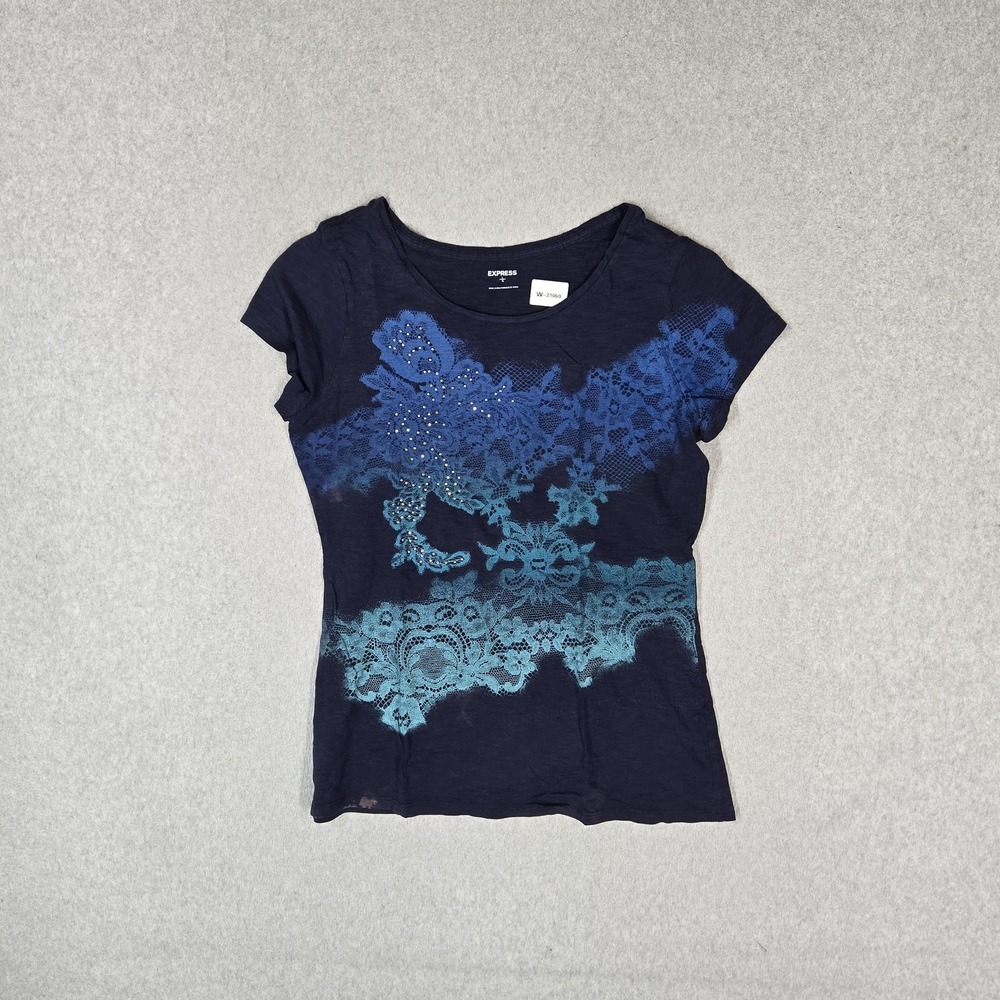 Express Women Shirt L Navy Floral Lace Graphic Studded Short Sleeve Tee READ